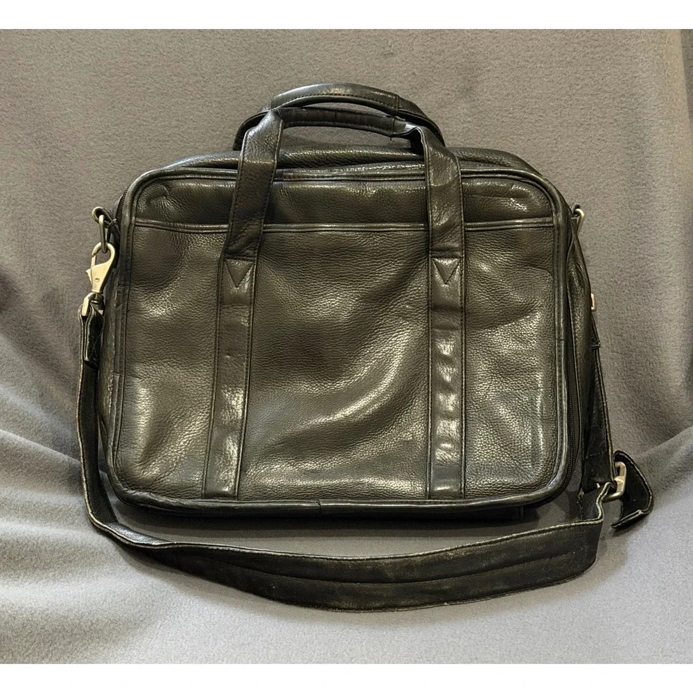 Wilson Black Pebbled Leather Expandable Laptop Briefcase Messenger Bag Office